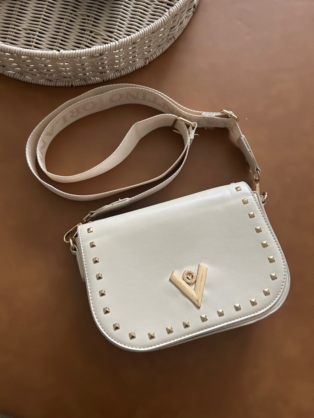 Valentino Orlandi Cream Studded Vegan Leather Crossbody Bag